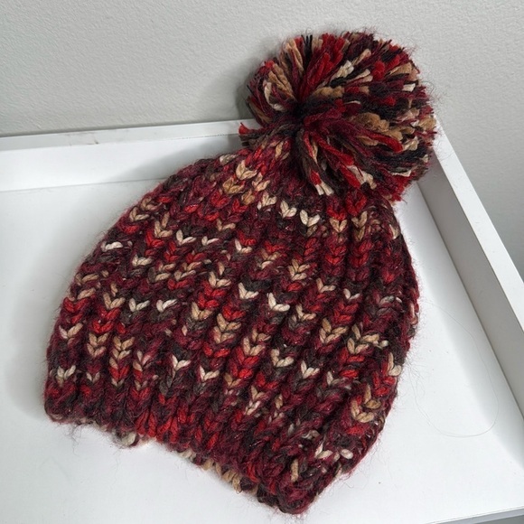 Collection Eighteen Pom Knit Beanie Red & Cream One Size - Picture 2 of 3